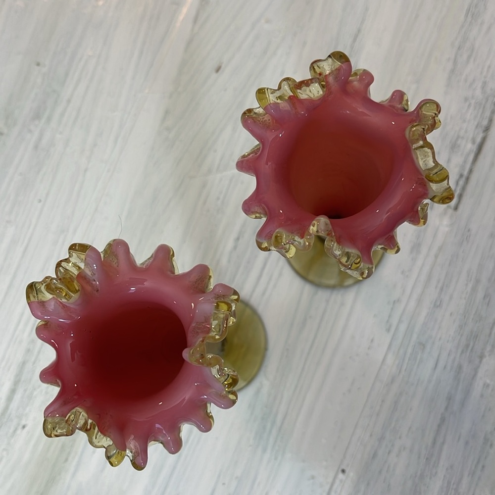 Vintage Art Glass Pedestal Base Ruffle Edge Bud Vase Set - Picture 3 of 11